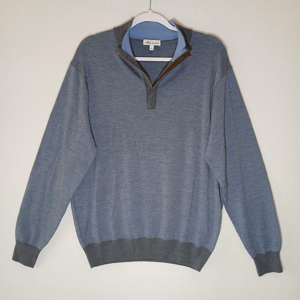 Peter Millar Men’s 1/4 Zip Pullover Sweater Striped 100% Merino Wool Large #1181